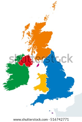 British Isles countries silhouettes map. Ireland and United Kingdom countries England, Scotland, Wales, Northern Ireland, Guernsey, Jersey and Isle of Man in different colors. Vector illustration. Сток-фото © 