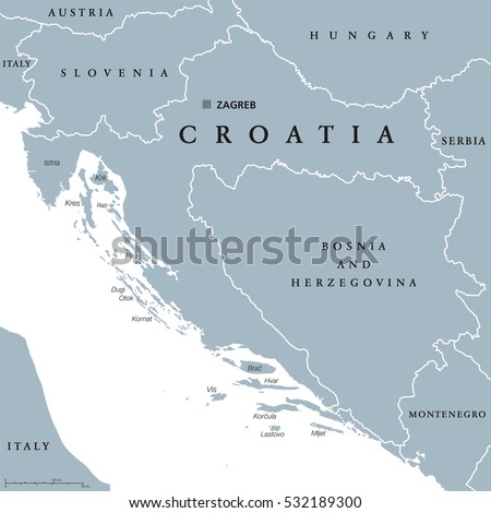 Croatia political map with capital Zagreb, national borders and neighbor countries. Gray illustration with English labeling on white background. Vector.