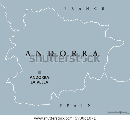 Andorra political map with capital Andorra la Vella and neighbors France and Spain. Principality,  country and microstate in Southwestern Europe. Gray illustration with English labeling. Vector.