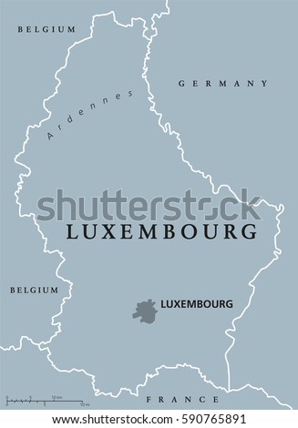 Luxembourg political map with capital, national borders and neighbor countries. Grand Duchy of Luxembourg, a landlocked country in Western Europe. Gray illustration with English labeling. Vector.