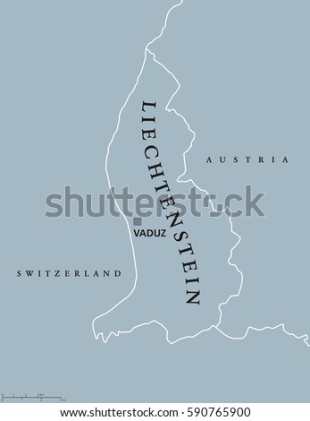 Liechtenstein political map with capital Vaduz, national borders and neighbor countries. Principality and landlocked microstate in Central Europe. Gray illustration with English labeling. Vector.