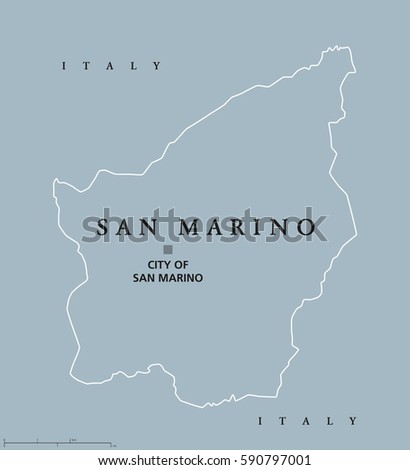 Most Serene Republic of San Marino political map with capital. Enclaved microstate surrounded by Italy. Gray illustration with English labeling. Vector