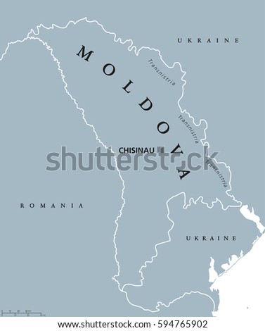 Moldova political map with capital Chisinau, Transnistria, national borders and neighbors. Also Moldavia, landlocked republic and country in Eastern Europe. Gray illustration. English labeling. Vector