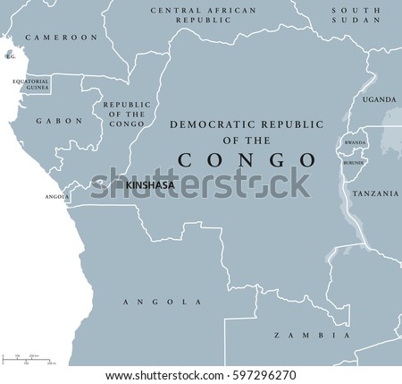 Democratic Republic of the Congo political map with capital Kinshasa. Also DR Congo, DRC, DROC or East Congo. Country in Central Africa. Gray illustration on white background. English labeling. Vector
