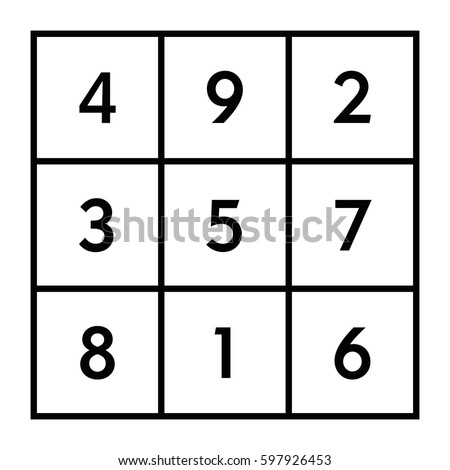 3x3 magic square of order 3 assigned to astrological planet Saturn with magic constant 15. The sum of numbers in any row, column, or diagonal is always fifteen. Black and white illustration. Vector.
