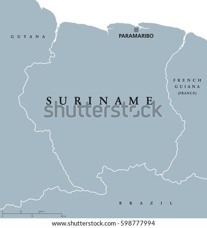 Suriname political map with capital Paramaribo, national borders and neighbors. Also Surinam, a republic and country in South America.  Gray illustration white background. English labeling. Vector.