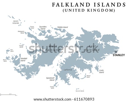 Falkland Islands political map with capital Stanley. British overseas territory. Archipelago in South Atlantic Ocean on Patagonian Shelf. Gray illustration. White background. English labeling. Vector.