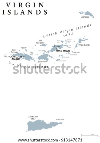 Virgin Islands political map. Island group between Caribbean Sea and Atlantic Ocean. Part of Lesser Antilles and Leeward Islands. Gray illustration on white background. English labeling. Vector.