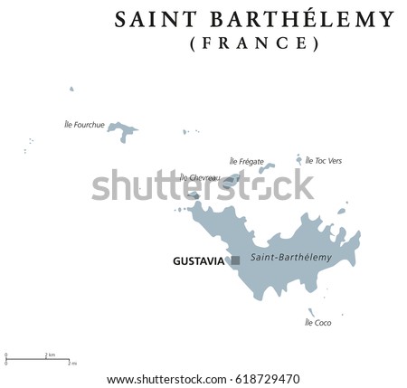 Saint Barthelemy political map with capital Gustavia. Territorial collectivity of France in the Caribbean. Also St. Barths, St. Barts, Ouanalao. Gray illustration over white. English labeling. Vector.