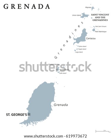 Grenada political map with capital St George's. Caribbean islands country and part of the Lesser Antilles and Windward Islands. Gray illustration isolated on white background. English labeling. Vector