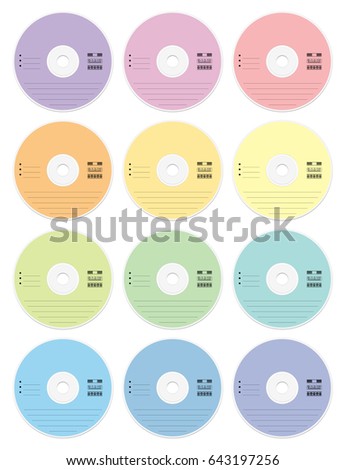 CD blanks - pastel colors set of twelve CDs or DVDs - external media data collection storage for music, films, photos, documents or any video and audio information - isolated vector on white.