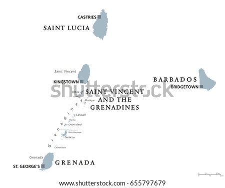 Barbados, Grenada, Saint Lucia, Saint Vincent and the Grenadines political map. Caribbean islands, part of Lesser Antilles and Windward Islands. Gray illustration over white. English labeling. Vector.