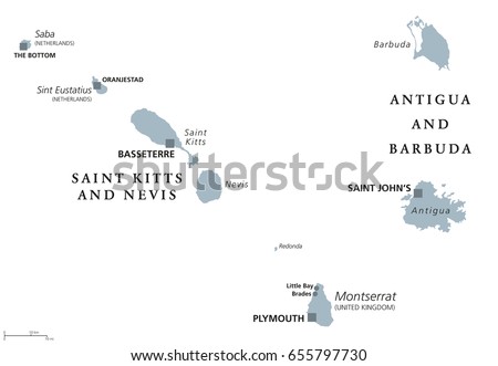 Saint Kitts And Nevis, Antigua And Barbuda, Montserrat, Saba and Sint Eustatius political map.Caribbean islands and parts of the Lesser Antilles. Gray illustration over white. English labeling. Vector