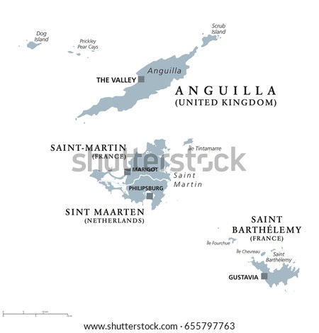 Anguilla, Saint-Martin, Sint Maarten and Saint Barthelemy political map. Islands in the Caribbean, part of Leeward Islands and Lesser Antilles. Gray illustration over white. English labeling. Vector.