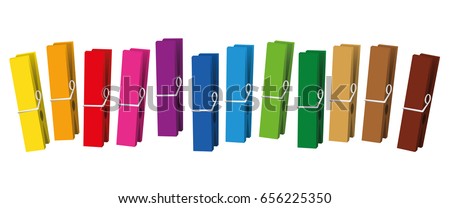 Clothes pegs - colored clothespins collection loosely arranged - isolated vector on white background.