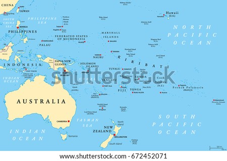 Oceania political map. Region, centered on central Pacific Ocean islands. With Melanesia, Micronesia and Polynesia, including Australasia and Malay Archipelago. Illustration. English labeling. Vector.