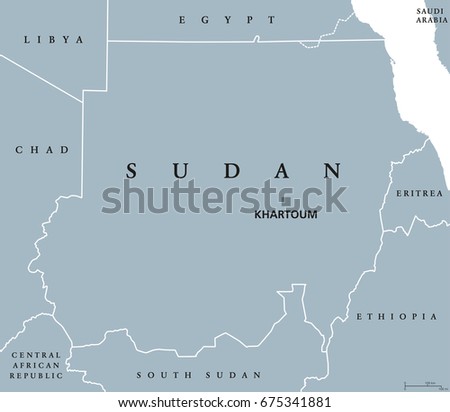 Sudan political map with capital Khartoum and national borders. North Sudan, republic and Arab country in Northern Africa. Gray illustration isolated on white background. English labeling. Vector.