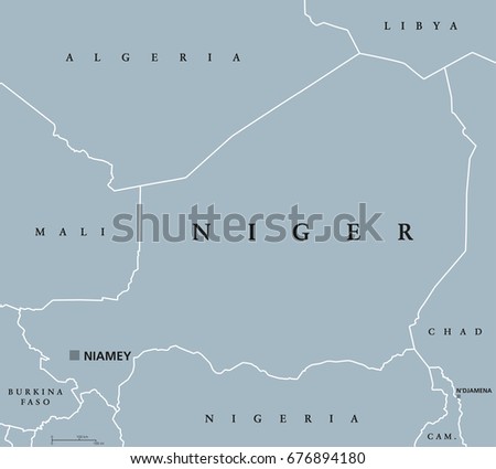 Niger political map with capital Niamey, international borders and neighbors. Republic and landlocked country in West Africa. Gray illustration. English labeling. Vector.