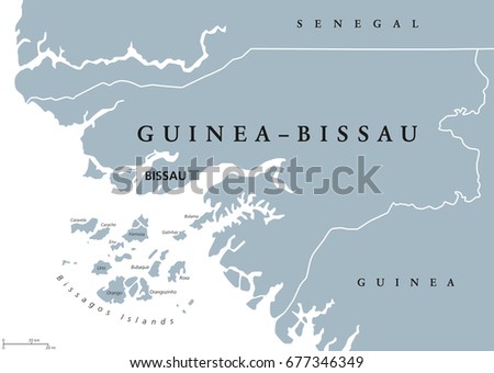 Guinea-Bissau political map with capital Bissau, international borders and neighbors. Republic and country in West Africa. Gray illustration isolated on white background. English labeling. Vector.