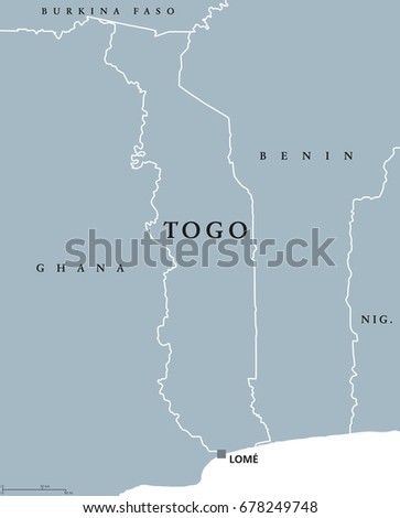 Togo political map with capital Lomé and international borders. Togolese Republic, a country in West Africa on Gulf of Guinea. Gray illustration isolated on white background. English labeling. Vector.