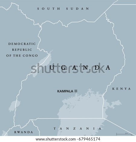 Uganda political map with capital Kampala. Republic in East Africa. Landlocked country in the African Great Lakes region, including a part of Lake Victoria. Gray illustration. English labeling. Vector