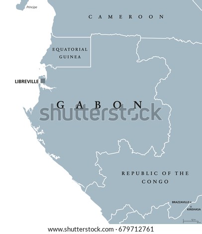 Gabon political map with capital Libreville. Gabonese Republic, a sovereign state located on the west coast of Central Africa. Gray illustration isolated on white background. English labeling. Vector.