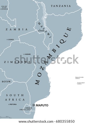 Mozambique political map with capital Maputo. Republic and country in Southeast Africa bordered by the Indian Ocean. Gray illustration isolated on white background. English labeling. Vector.