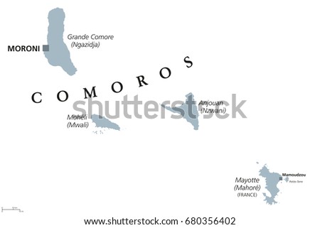 Comoros political map with capital Moroni and French island Mayotte. Union and sovereign archipelago island nation in the Indian Ocean. Gray illustration on white background. English labeling. Vector.