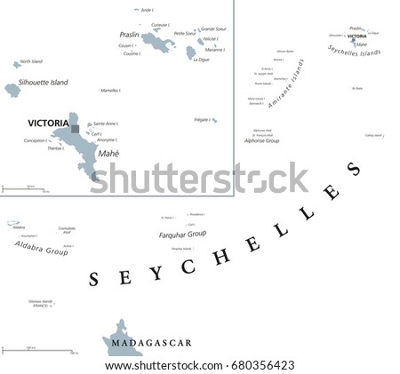 Seychelles political map with capital Victoria on the main island Mahe. Republic, archipelago and country in the Indian Ocean. Gray illustration isolated on white background. English labeling. Vector.