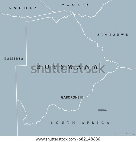 Botswana political map with capital Gaborone and international borders. Republic and landlocked country in Southern Africa. Former Bechuanaland. Gray illustration with English labeling. Vector.