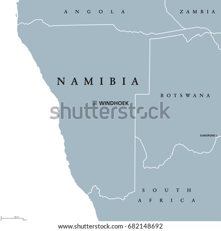 Namibia political map with capital Windhoek. Republic and country in Southern Africa on Atlantic Ocean. Former German South-West Africa. Gray illustration on white background. English labeling. Vector