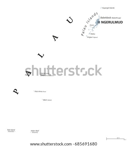 Palau political map with capital Ngerulmud. Republic and island country in the Pacific Ocean. Part of Caroline Islands in Micronesia. Former Belau or Pelew. Gray illustration. English labeling. Vector