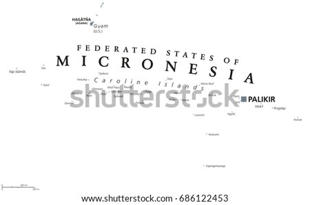 Federated States of Micronesia political map with capital Palikir. English labeling. Island Nation and a United States associated state in the Pacific Ocean. Gray illustration over white. Vector.