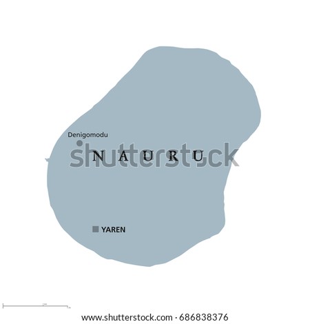 Nauru political map with capital Yaren. Formerly Pleasant Island. A republic and island country in Micronesia in the Central Pacific. English labeling. Gray illustration on white background. Vector.