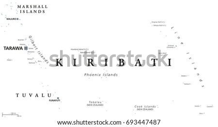 Kiribati political map with capital Tarawa. English labeling. Republic and island nation in the Pacific Ocean. Gray illustration on white background. Vector.