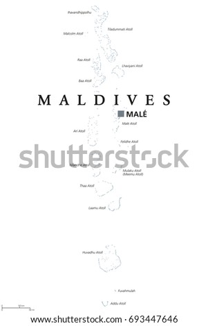 Maldives political map with capital Male. English labeling. Republic and South Asian island Country in the Indian Ocean. A chain of atolls. Gray illustration on white background. Vector.