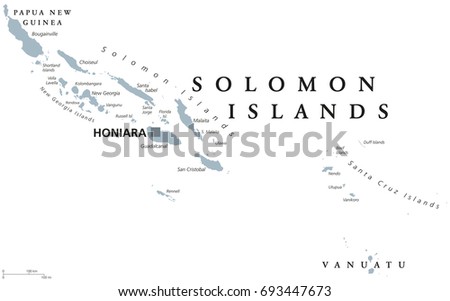 Solomon Islands political map with capital Honiara. English labeling. Sovereign country in Melanesia, Oceania. Gray illustration on white background. Vector.