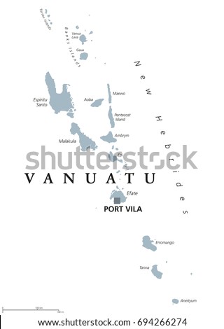 Vanuatu political map with capital Port Vila and English labeling. Republic, archipelago and island nation in the South Pacific Ocean. Gray illustration on white background. Vector.