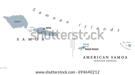 Samoan Islands political map with English labeling. Samoa and American Samoa. Archipelago in the central Pacific Ocean, part of Polynesia and Oceania. Gray illustration on white background. Vector.