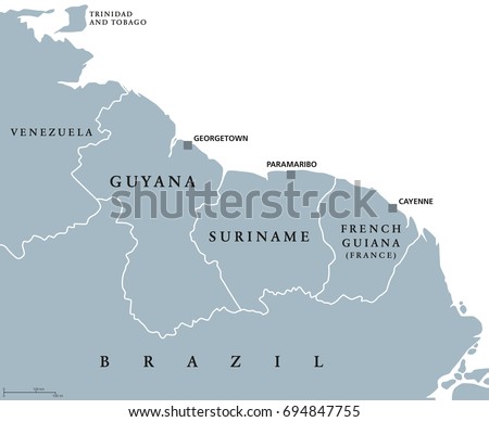 Guyana, Suriname and French Guiana political map with capitals Georgetown, Paramaribo and Cayenne. English labeling. Also the Guayanas, a region in northern South America. Gray illustration. Vector.