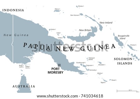 Papua New Guinea political map with capital Port Moresby. English labeling. Independent state on eastern half of island of New Guinea with islands in Melanesia. Gray illustration over white. Vector.