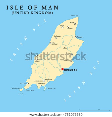 Isle of Man political map with capital Douglas and important cities. Also known as Mann, a self governing Crown dependency in the Irish Sea and a tax haven. English labeling. Illustration. Vector.