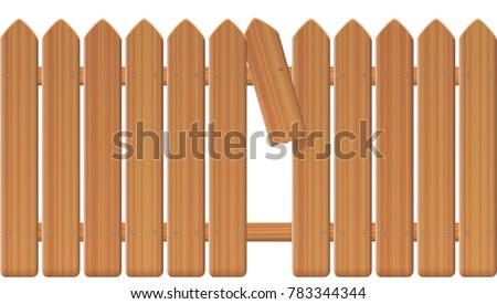 Gap in the fence - wooden textured picket fence with broken plank and loophole to slip through, escape, flee, take off, break free, slip away, sidle off - isolated vector illustration on white backgro