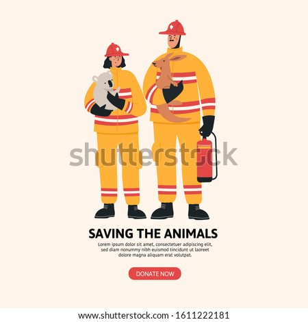 Flat vector Image illustration Firefighters with koala and kangaroo. Social Image About Australia Fire for landing page, ui, web, App intro card, editorial, flyer and banner. Brave hero