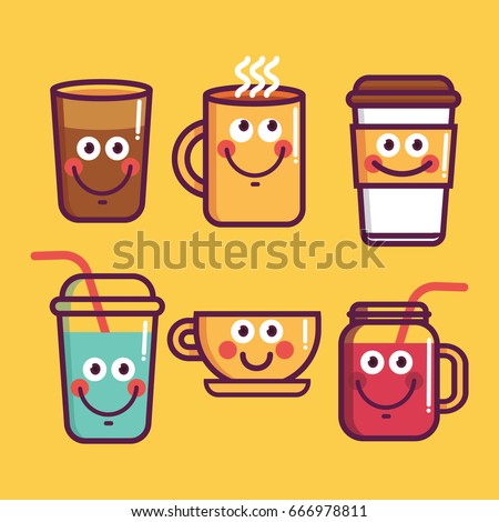 Cup emoji set with cheeks and eyes. Colored beautiful doodle cups character in flat designs with cute cartoon faces. Hot coffee and tea,smoothie, juice. Vector illustration.