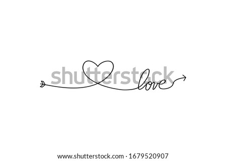 Cupid s arrow in the continuous drawing of lines in the form of a heart and the text love in a flat style. Continuous black line. Work flat design. Symbol of love and tenderness.