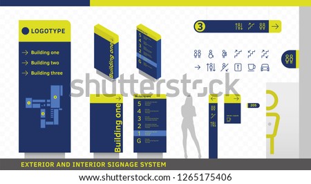 Exterior and interior wayfinding signage. Signage system design template set. EPS 10 illustration.