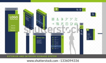 Exterior and Interior Wayfinding Signage System. Directional, Wall Mount, Door Signage Program Design Template with Navigation Icon Set.