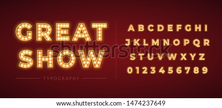 3d light bulb alphabet with red frame isolated on dark red background. Broadway show style retro glowing font. Vector illustration. 商業照片 © 