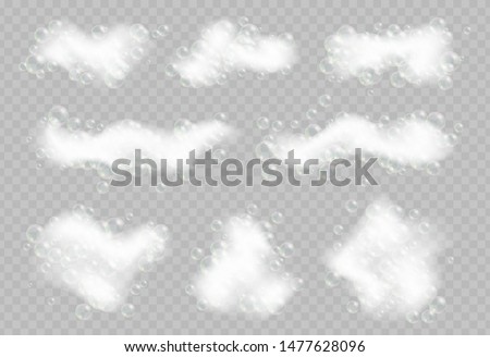 Soap foam with bubbles isolated on transparent background. Sparkling shampoo and bath lather vector illustration. Foto stock © 